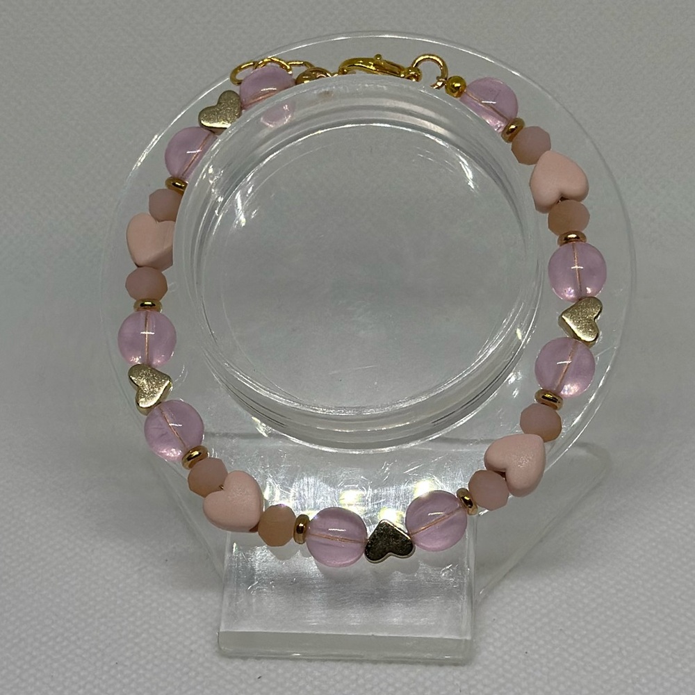 Handmade Gold Wire Bracelet with Pink Heart Beads